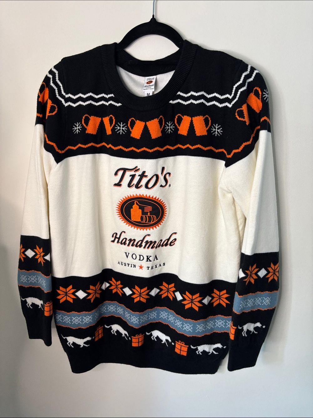 Tito’s Vodka Men's Crewneck Holiday Sweater - Black, White & Orange, sz M